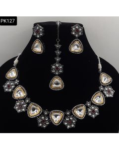 Buy Latest Stylish Dual Tone Rhodium Plating Kundan & CZ Stone Studded Handcrafted Necklace With Earrings Jewellery Set for womens