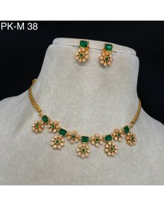 Pure Copper Matt Finishing Emerald Stone Chain Necklace Set flower Wedding jewelry set.