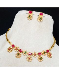 Pure Copper Matt Finishing Ruby Stone Chain Necklace Set flower Wedding jewelry set.
