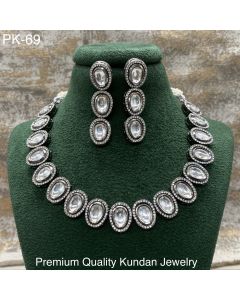 Premium Quality Jewelry Oxidised Plated Kundan Stone Choker Necklace Set With Earrings