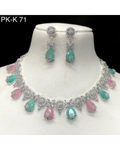 Pink & Aqua With American Diamond Stone Silver Plated Necklace Choker Jewelry Set 