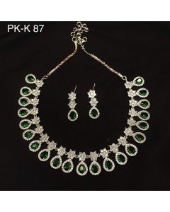 Emerald CZ AD Necklace Set Silver Plated Tear Drop Indian wedding Bridal Jewelry 