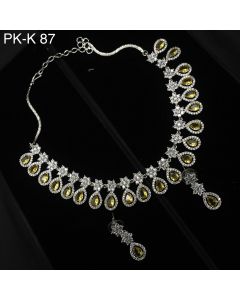 Citrine CZ AD Necklace set Silver Plated Tear Drop Indian wedding Bridal Jewelry