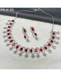 Designer Red Drop American Diamond Rodium Plated Necklace / Earrings For Women