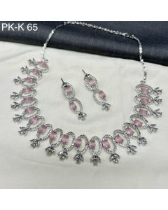 Designer Light Pink Drop American Diamond Rodium Plated Necklace / earrings For Women