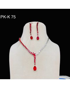 Pure Silver & Red American diamond Crystal Necklace Earrings  Jewelry Set Choker Necklace.