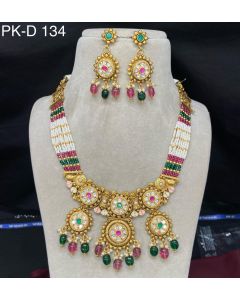 Amolya Jewels Gold Plated Kundan Stone And Pearls meenakari Necklace Set 