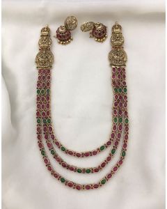 Grand Three Layer Ruby Lakshmi Haaram Long Necklace Set Paired With Earrings 