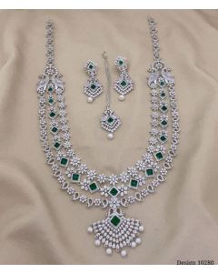 American Diamond Alike Green Stone Three Layer Haram Necklace set With earrings For Womens 