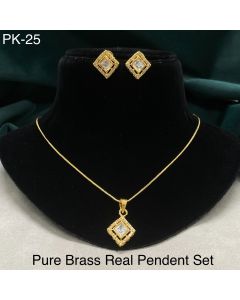 Square Pure Golden Brass Real Pendant Polki Set With Chain AD Jewelry For Girls