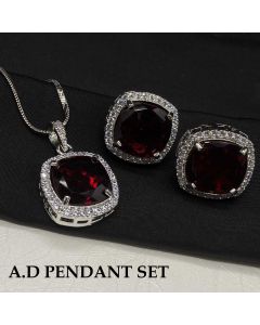 Party Wear AD pendant Set Cushion Garnet Stone Jewelry Silver Plated Pendant Set. 