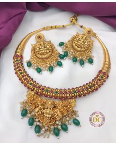 Premium Quality Gold Matte Finish Guttapusalu Designed Temple Choker Set For Women's 