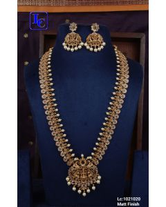 Buy Traditional Temple Jewelry Matte Finish Pearl Beaded Work Long Necklace Set 