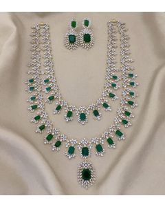 American Diamond Alike Green Stone Beaded  Necklace set With earrings For Womens 