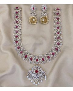 American Diamond Alike Pink Stone Haram Necklace set With earrings For Womens 