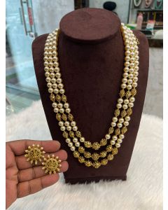 Beautiful Real Pearls Nakshi Balls 22 to 24 inch Brass Necklace Jewelry Set 