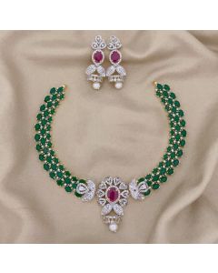 Premium quality Two Tone Ruby - Emerald White oval Stone flower Necklace set 