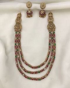 Grand Three Layer Ruby Lakshmi Haaram Long Necklace Set Paired With Earrings 