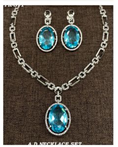 Short AD Party Wear Chain With pendant & Earrings Set Silver Plated Pendant Set. 