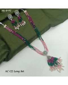 Red Green Pink Long Beaded Diamond Pendant Necklace Set With Earrings.