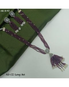 Purple Long Beaded Diamond Pendant Necklace Set With Earrings.
