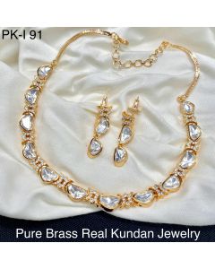 Designer Golden Pure Brass Real kundan necklace Set Polki Chain jewelry Set 