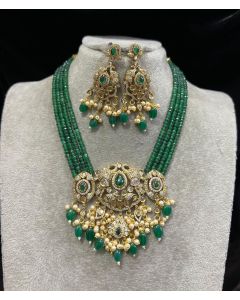 Cz Long Kundan Indian Women Necklace Set Multi Stone Green Beads Brass Jewelry 