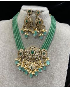 Cz Long Kundan Indian Women Necklace Set Multi Stone Mint Green Beads Brass Jewelry 