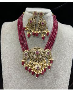 Cz Long Kundan Indian Women Necklace Set Multi Stone Marron Beads Brass Jewelry 