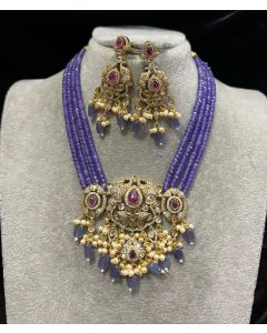 Cz Long Kundan Indian Women Necklace Set Multi Stone Purple Beads Brass Jewelry 