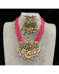 Cz Long Kundan Indian Women Necklace Set Multi Stone Pink Beads Brass Jewelry 