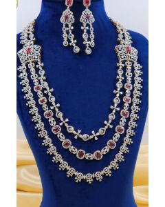 Elegant Long necklace Set with American Diamond Sparkling 3 Layer Diamond Necklace set 