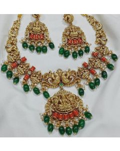 Temple South Indian Kemp Stone Jewelry Set Antique CZ Gold Plated Haram Necklace