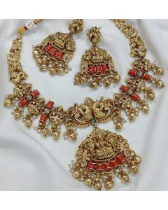 Temple South Indian Kemp Stone Jewelry Set Antique CZ Gold Plated Haram Necklace