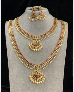 Haram Gold Plated CZ Long Necklace Temple Pearl South Indian Kemp stone Jewelry