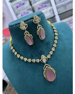 Beautiful CZ Indian Women Jewelry & Earrings AD Gold Plated  Pendant Necklace Set For Women