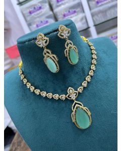 Beautiful CZ Indian Women Jewelry & Earrings AD Gold Plated  Pendant Necklace Set For Women