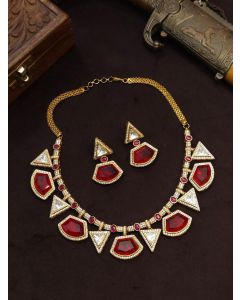AD Antique Gold Polish Doublet Stone Necklace Set Choker Woman Wedding Jewelry