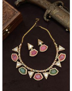 AD Antique Gold Polish Doublet Stone Necklace Set Choker Woman Wedding Jewelry