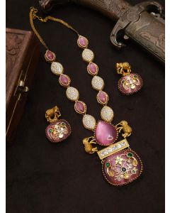 Pink Beautiful Premium Gold Plated AD Stone Elephant Necklace Set Woman Jewelry