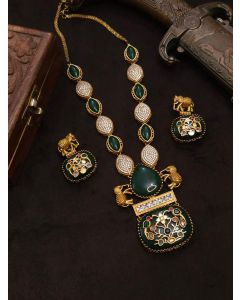Green Beautiful Premium Gold Plated AD Stone Elephant Necklace Set Woman Jewelry
