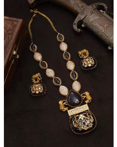 Blue Beautiful Premium Gold Plated AD Stone Elephant Necklace Set Woman Jewelry