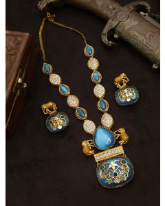 Blue Beautiful Premium Gold Plated AD Stone Elephant Necklace Set Woman Jewelry