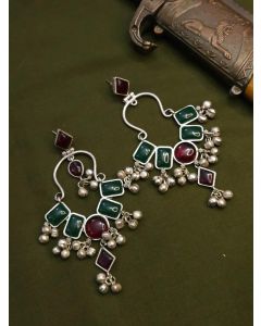Oxidised  Chandbali Earrings With Multicolour Stone And Jhungroo Hangings