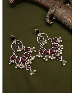 Oxidised  Chandbali Earrings With Multicolour Stone And Jhungroo Hangings