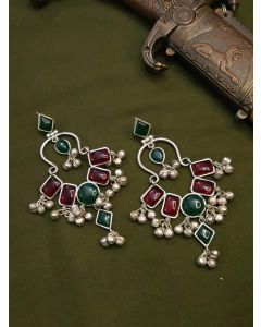 Oxidised Chandbali Earrings With Multicolour Stone And Jhungroo Hangings