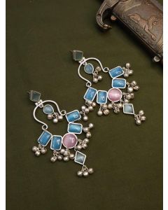 Oxidised Chandbali Earrings With Multicolour Stone And Jhungroo Hangings