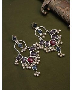 Buy Oxidised Chandbali Earrings With Multi Coloured Stone And Jhungroo Hangings