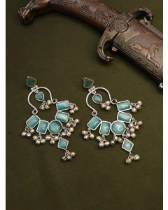 Buy Oxidised Chandbali Earrings With Blue Coloured Stone And Jhungroo Hangings
