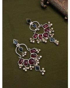 Buy Oxidised Chandbali Earrings With Multi Coloured Stone And Jhungroo Hangings